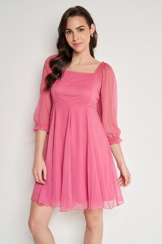 Pink Solid Flared Dress, Pink, image 3